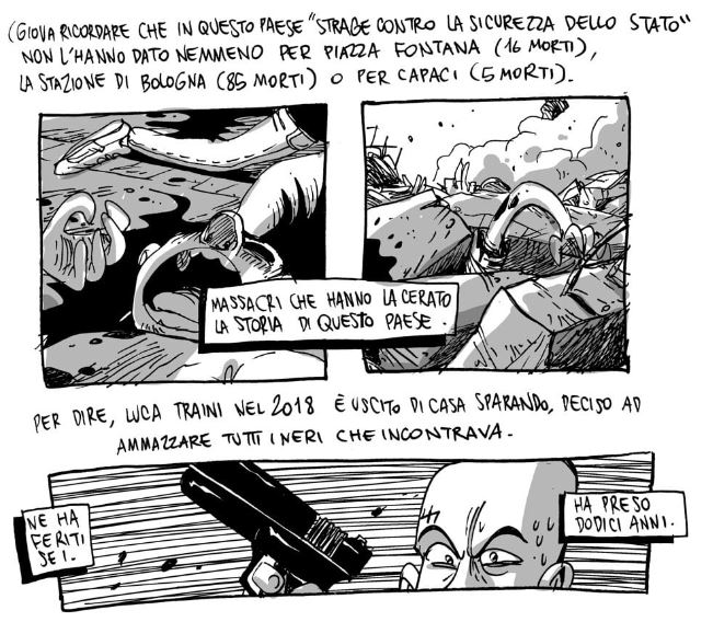 vignetta di Zerocalcare che compara stragi e attentati del passato con quelli di Cospito